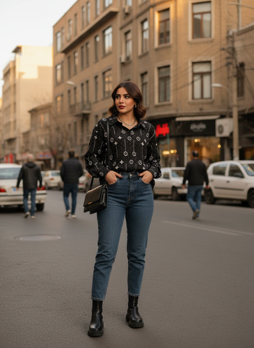 شومیز یقه مردانه نگین دار LV مزون دیبا یزد