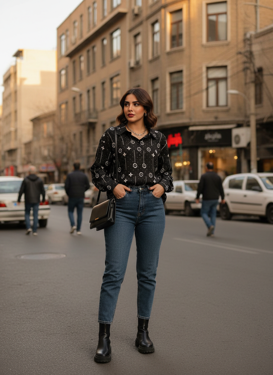 شومیز یقه مردانه نگین دار LV مزون دیبا یزد