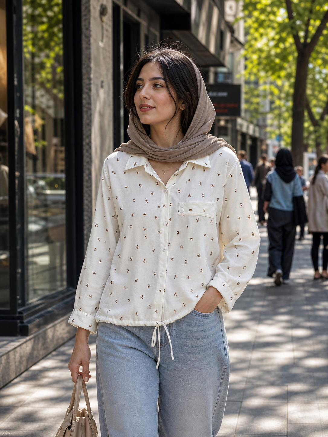شومیز زنانه نخی طرحدار یقه پیراهنی با بند گت