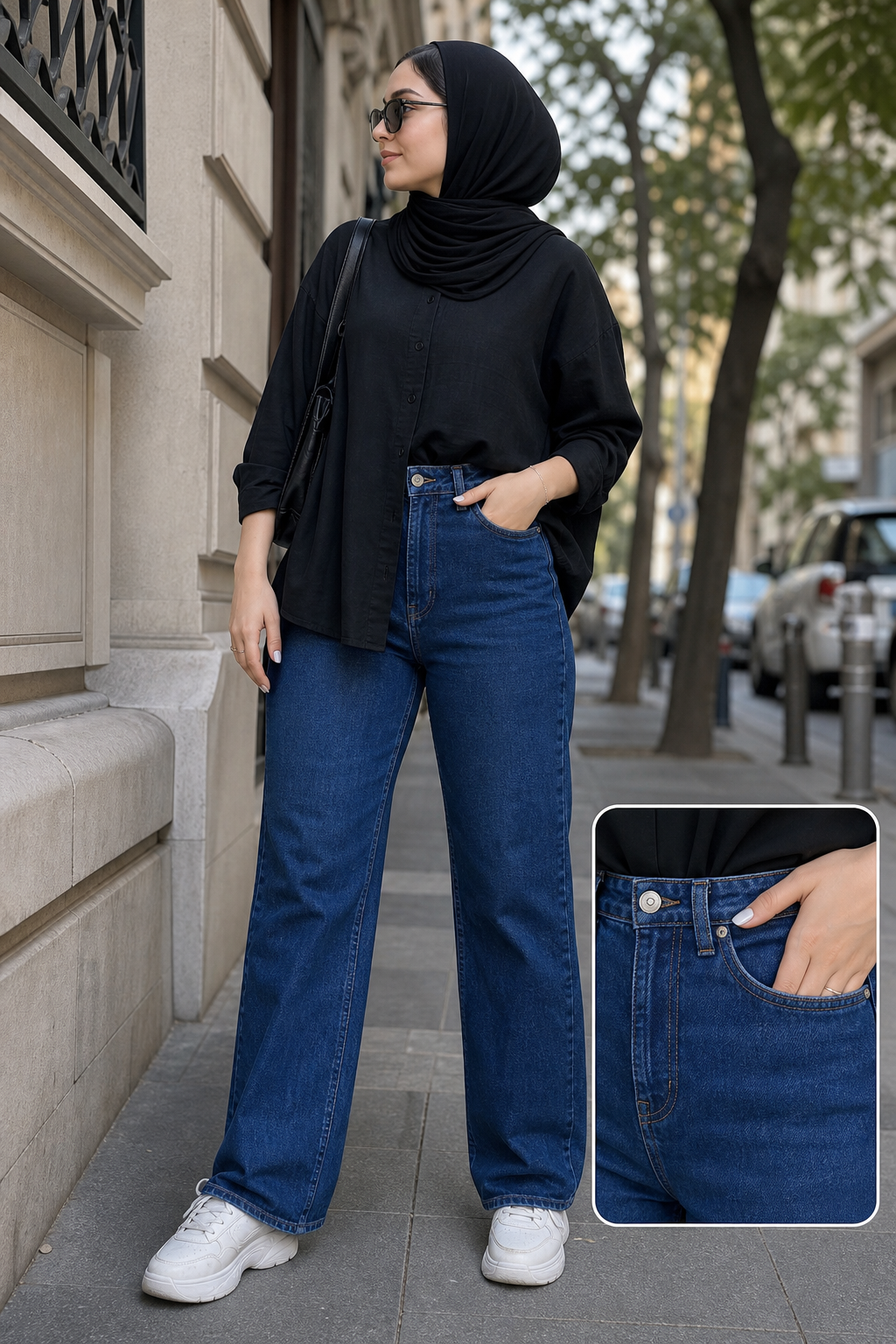 تنخور شلوار جین زنانه واید سرمه ای با فرم گشاد و استایل اسپرت
